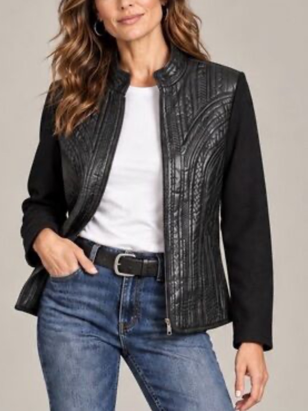 Nygard Leather Mixed-Media Geometric Jacket, Fall, Black, Size XL
